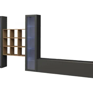 Dmora Wandmeubel Egidio 30x350x180 cm Antraciet Zwart 18 Planken Scharnier- en Klepopening, 21 Vakken Made in Italy