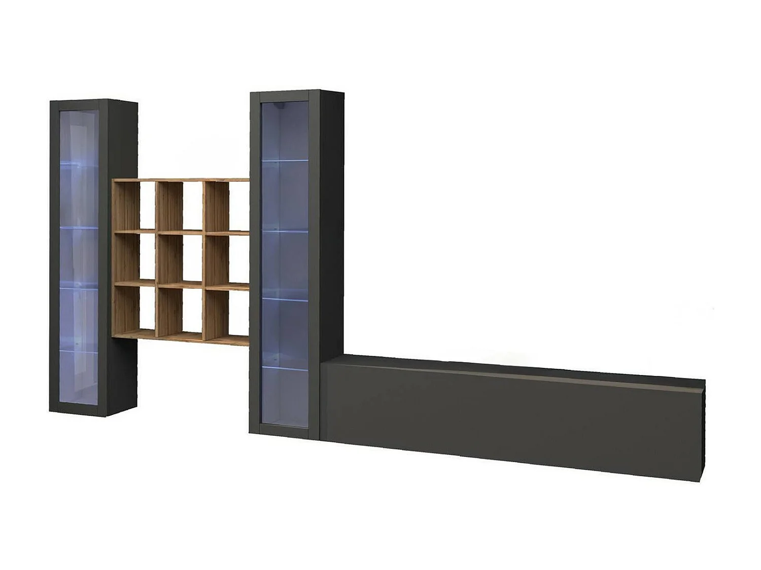 Dmora Wandmeubel Egidio 30x350x180 cm Antraciet Zwart 18 Planken Scharnier- en Klepopening, 21 Vakken Made in Italy