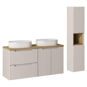 Ensemble VANO kasjmier en eik 150cm: meubel met lades en kastjes onder wastafel + opbouw wastafels met gegroefde witte + kolom