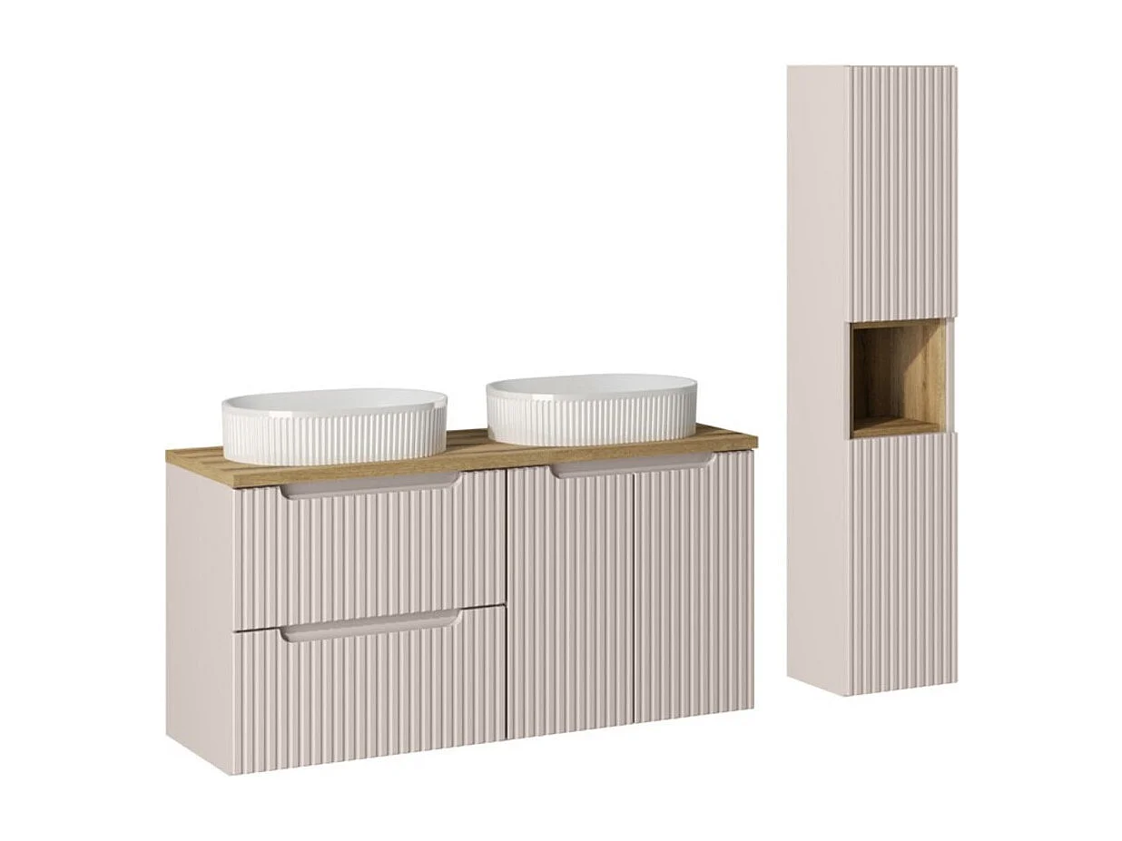 Ensemble VANO kasjmier en eik 150cm: meubel met lades en kastjes onder wastafel + opbouw wastafels met gegroefde witte + kolom