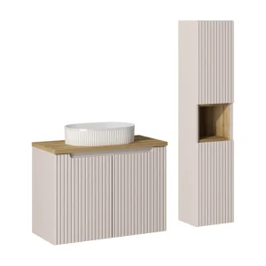 Ensemble VANO kasjmier en eik 110cm: onderbouwmeubel met kastdeuren + witte geribbelde opzetwasbak + kolomkast