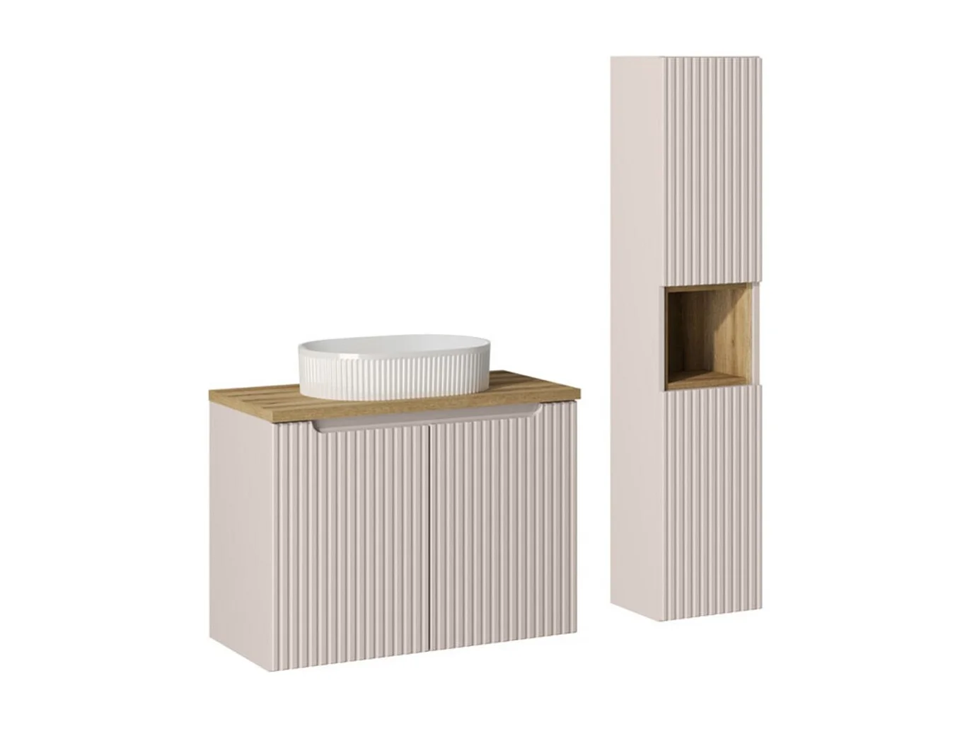 Ensemble VANO kasjmier en eik 110cm: onderbouwmeubel met kastdeuren + witte geribbelde opzetwasbak + kolomkast