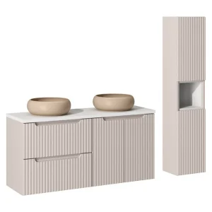 Ensemble VANO kasjmier en wit 150cm: meubel onder wastafel met lades en kasten + opbouw wastafels bruin cappuccino + kolom
