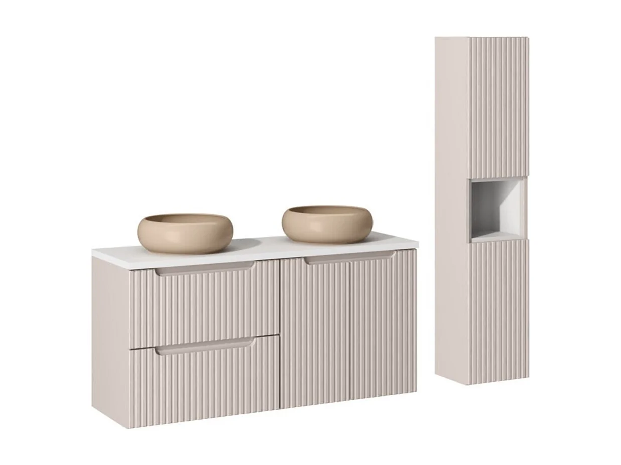 Ensemble VANO kasjmier en wit 150cm: meubel onder wastafel met lades en kasten + opbouw wastafels bruin cappuccino + kolom