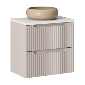 Ensemble VANO kasjmier en wit 60cm: onderkast met laden + blad voor waskom + opzetwastafel bruin cappuccino