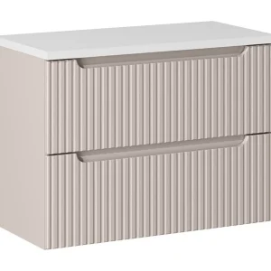 Ensemble VANO kasjmier en wit 80cm: ondermeubel met verticaal gegroefde laden + mat witte wastafelblad