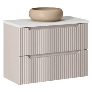 Ensemble VANO cashmere en wit 80cm: onderkast met lades + blad voor wastafel + ronde cappuccino bruine opbouwwastafel