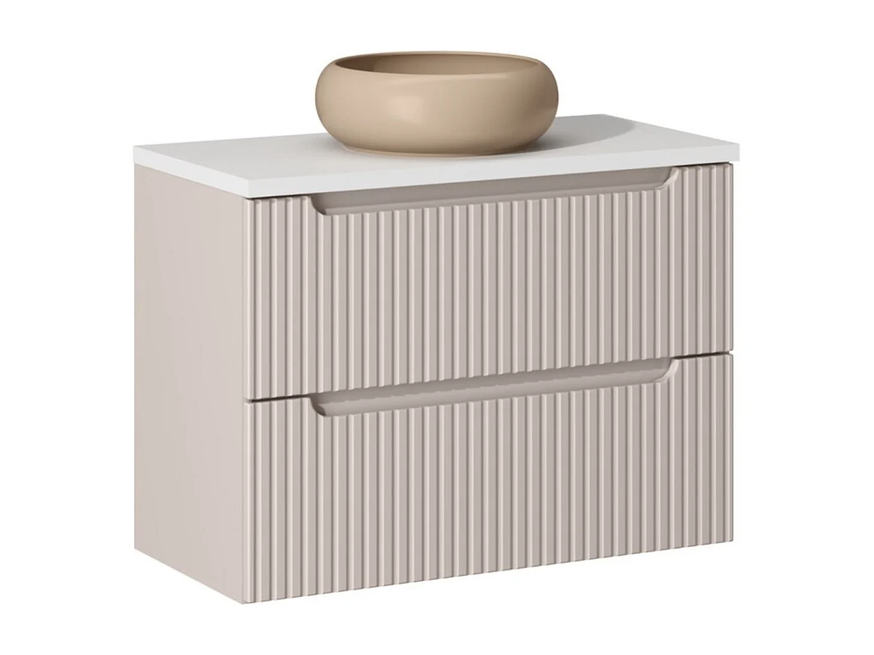 Ensemble VANO cashmere en wit 80cm: onderkast met lades + blad voor wastafel + ronde cappuccino bruine opbouwwastafel
