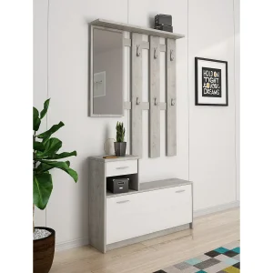 Entreemeubel 0, Moderne entree met spiegel, Kast met schoenenrek, Multifunctionele kast, 100x25h180 cm, Wit en Cement