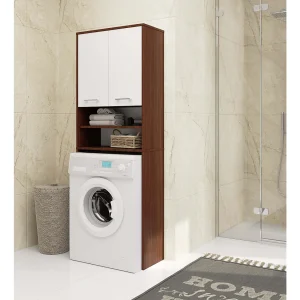 FIN Badkamerkolomkast – Vrijstaand boven Wasmachine – Wenge/Wit Mat, 2 Deuren, 4 Planken, Zelfmontage – 64x180x30 cm FIN Badkamerkolomkast – Vrijstaand boven Wasmachine – Wenge/Wit Mat, 2 Deuren, 4 Planken, Zelfmontage – 64x180x30 cm