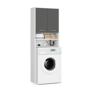 FIN Badkamerkast boven Wasmachine – Wit Grafietgrijs, 2 Deurs, 180x64x30cm, Laminated Board, Zelfmontage FIN Badkamerkast boven Wasmachine – Wit Grafietgrijs, 2 Deurs, 180x64x30cm, Laminated Board, Zelfmontage