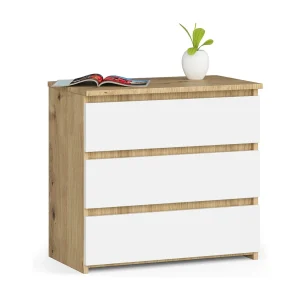 Eikenhouten Bureau met 3 Laden, Mat Witte Front, 60x57x35 cm – Zelfmontage, ABS-Rand, Moderne Stijl Eikenhouten Bureau met 3 Laden, Mat Witte Front, 60x57x35 cm – Zelfmontage, ABS-Rand, Moderne Stijl