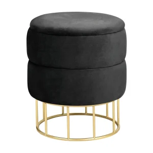 Elza Zwarte Velvet Poef met Gouden Stalen Basis – 37cm
