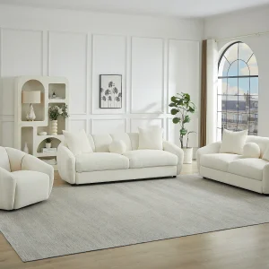 Driezitsbank Tweezitsbank en fauteuil in gestructureerde ivoorkleurige stof NAFEKI Driezitsbank Tweezitsbank en fauteuil in gestructureerde ivoorkleurige stof NAFEKI