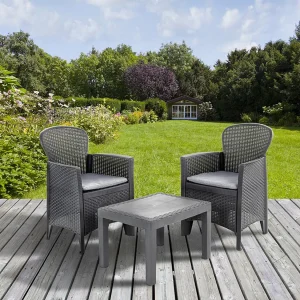 Dzucco outdoor loungeset, Tuinset met 2 fauteuils en 1 salontafel, Rotan effect lounge met kussens, 100% Made in Italy, Antraciet
