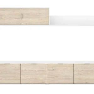 Dva wandsysteem, Samenstelling woonkamer, Multifunctioneel woonkamermeubilair, TV-kast, 200×40 h43 cm, Wit en Eiken Dva wandsysteem, Samenstelling woonkamer, Multifunctioneel woonkamermeubilair, TV-kast, 200×40 h43 cm, Wit en Eiken