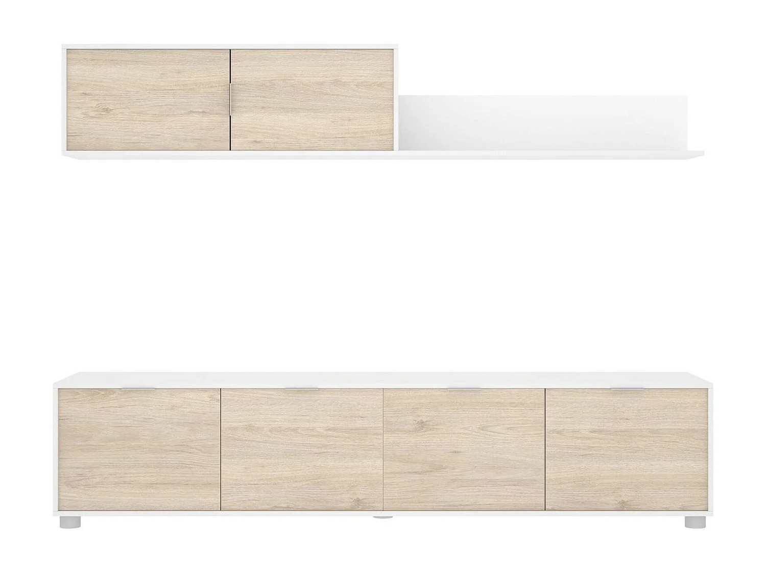 Dva wandsysteem, Samenstelling woonkamer, Multifunctioneel woonkamermeubilair, TV-kast, 200x40 h43 cm, Wit en Eiken