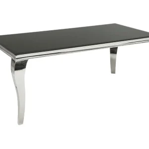 Eettafel VELENA 180 cm – Zwart glazen blad en gepolijst zilveren stalen structuur Eettafel VELENA 180 cm – Zwart glazen blad en gepolijst zilveren stalen structuur