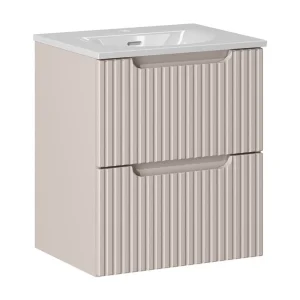 Ensemble VANO cashmere en wit 50cm: onderkast met laden verticaal gegroefd + ingebouwde witte wastafel