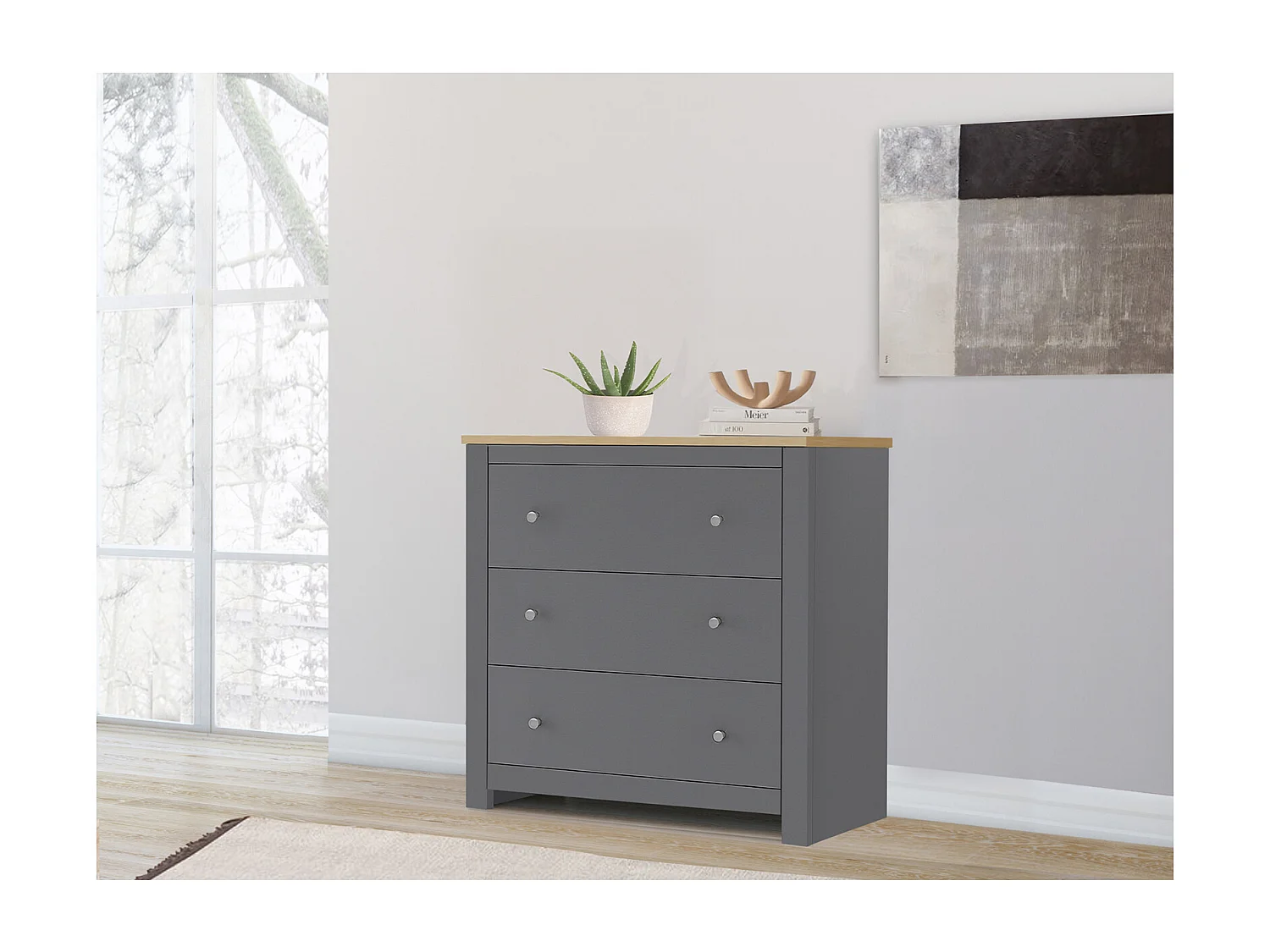 Commode 3 Laden Eiken Grijs