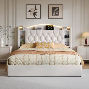 Fluwelen opbergbed 160×190 cm met LED-hoofdeinde, USB/Type-C opladen, geïntegreerde opbergruimte, eigentijds beige design