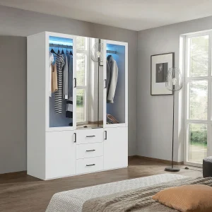 Elegant en functioneel kledingkast met LED-verlichting, 4 deuren, 3 laden, spiegel – 130 x 51,8 x 181,5 cm Elegant en functioneel kledingkast met LED-verlichting, 4 deuren, 3 laden, spiegel – 130 x 51,8 x 181,5 cm