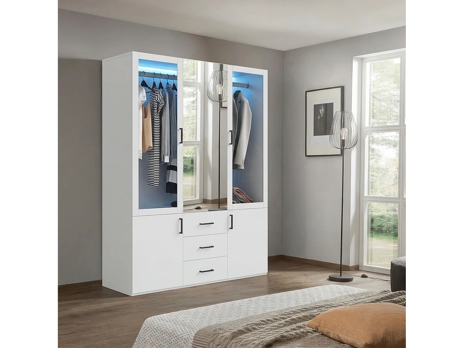 Elegant en functioneel kledingkast met LED-verlichting, 4 deuren, 3 laden, spiegel - 130 x 51,8 x 181,5 cm
