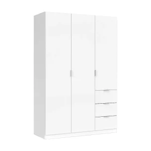 Fullerton kledingkast, slaapkamerkast met 3 deuren en 3 laden, kast met 3 planken en hangstang, 135x52h200 cm, wit