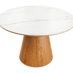 Eettafel LUMEA – Rond 120 cm – Keramisch tafelblad met wit marmer effect en walnoothouten voet – Hedendaagse stijl