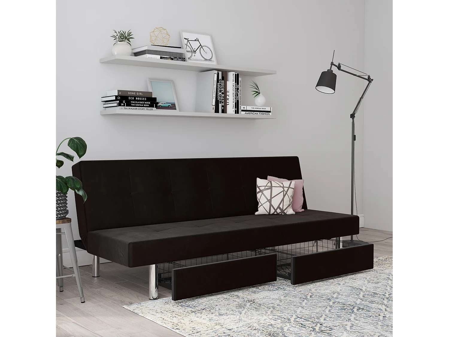 Erica | Futon met opbergruimte in antraciet microvezel