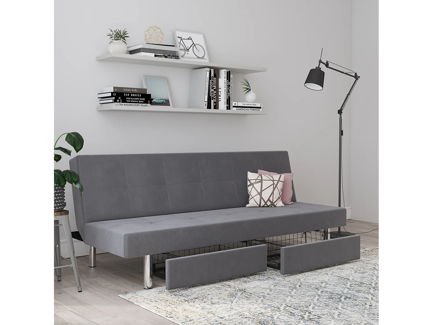 Erica | Futon met opbergruimte in lichtgrijs microvezel