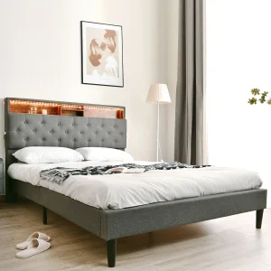 Gepolsterd Bed Double 140×200 Cm, Coffre en Tête Met Led, Cadre Met Houten Lattenbodem, Gris, Met Matelas Gepolsterd Bed Double 140×200 Cm, Coffre en Tête Met Led, Cadre Met Houten Lattenbodem, Gris, Met Matelas