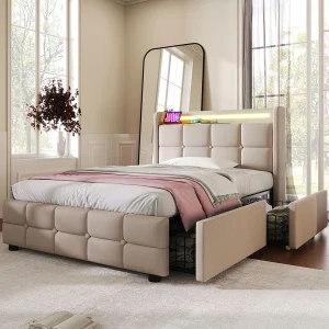 Eenpersoonsbed Gepolsterd 90×200 Cm Met Usb-poort, LED En 2 Lades, Tête Réglable, Stof Beige, Houten Lattenbodem, Met Matras Eenpersoonsbed Gepolsterd 90×200 Cm Met Usb-poort, LED En 2 Lades, Tête Réglable, Stof Beige, Houten Lattenbodem, Met Matras