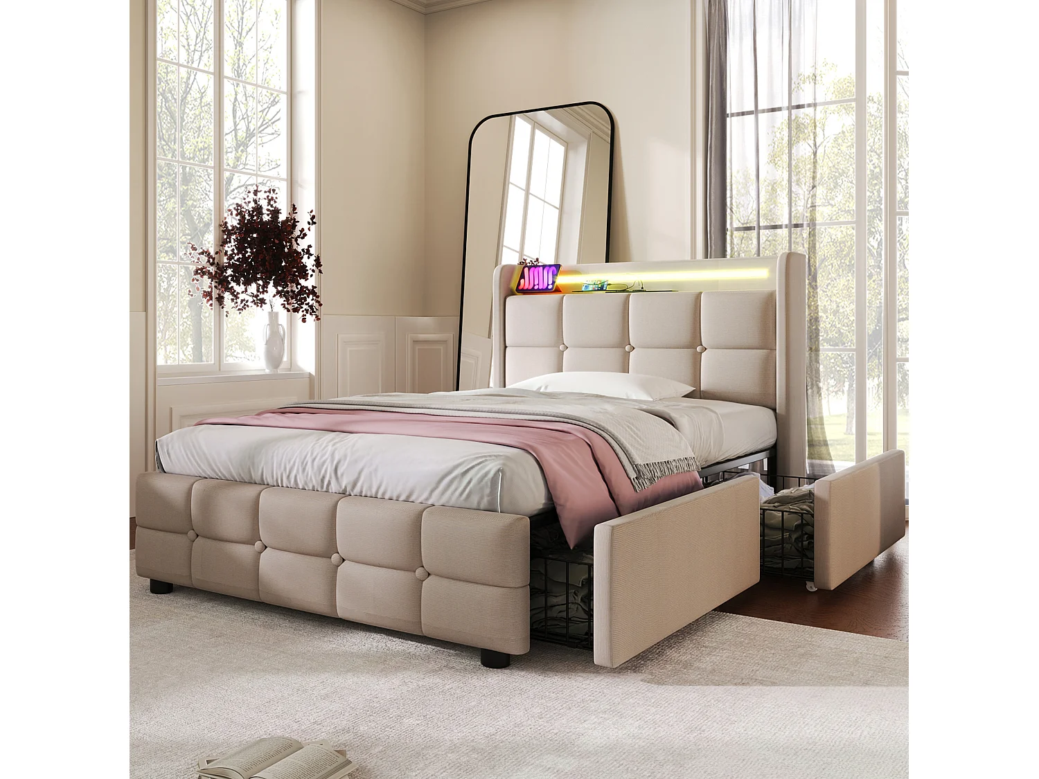 Eenpersoonsbed Gepolsterd 90x200 Cm Met Usb-poort, LED En 2 Lades, Tête Réglable, Stof Beige, Houten Lattenbodem, Met Matras