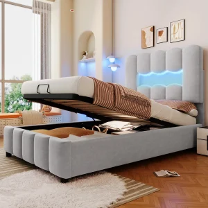 Fluweel Bekleed Bed 90 x 200 cm, zonder Matras, LED Verlichting, Hydraulisch Systeem, Verstelbare Hoofdeinde, Grijs Fluweel Bekleed Bed 90 x 200 cm, zonder Matras, LED Verlichting, Hydraulisch Systeem, Verstelbare Hoofdeinde, Grijs
