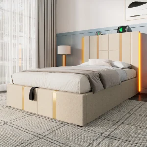 Eenpersoonsbed 90×200 cm van beige linnen met LED-verlichting, USB-oplaadfunctie en opbergruimte Eenpersoonsbed 90×200 cm van beige linnen met LED-verlichting, USB-oplaadfunctie en opbergruimte