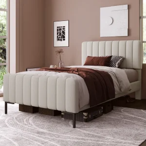 Eenpersoonsbed 90 x 200 cm met verstelbare rugleuning en lattenbodem van dennenhout, in grijs-beige