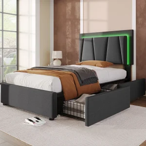 Eenpersoonsbed 90×200 cm met LED-verlichting en 2 lades, verstelbare hoofdbordhoogte, grijs