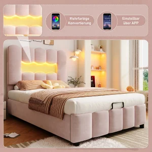 Fluweel Bekleed Bed 90 x 200 cm, zonder Matras, LED Verlichting, Hydraulisch Systeem, Verstelbare Hoofdeinde, Roze Fluweel Bekleed Bed 90 x 200 cm, zonder Matras, LED Verlichting, Hydraulisch Systeem, Verstelbare Hoofdeinde, Roze