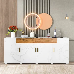 Dressoir met 2 lades en 4 deuren – Wit marmerlook en eikenlook Dressoir met 2 lades en 4 deuren – Wit marmerlook en eikenlook