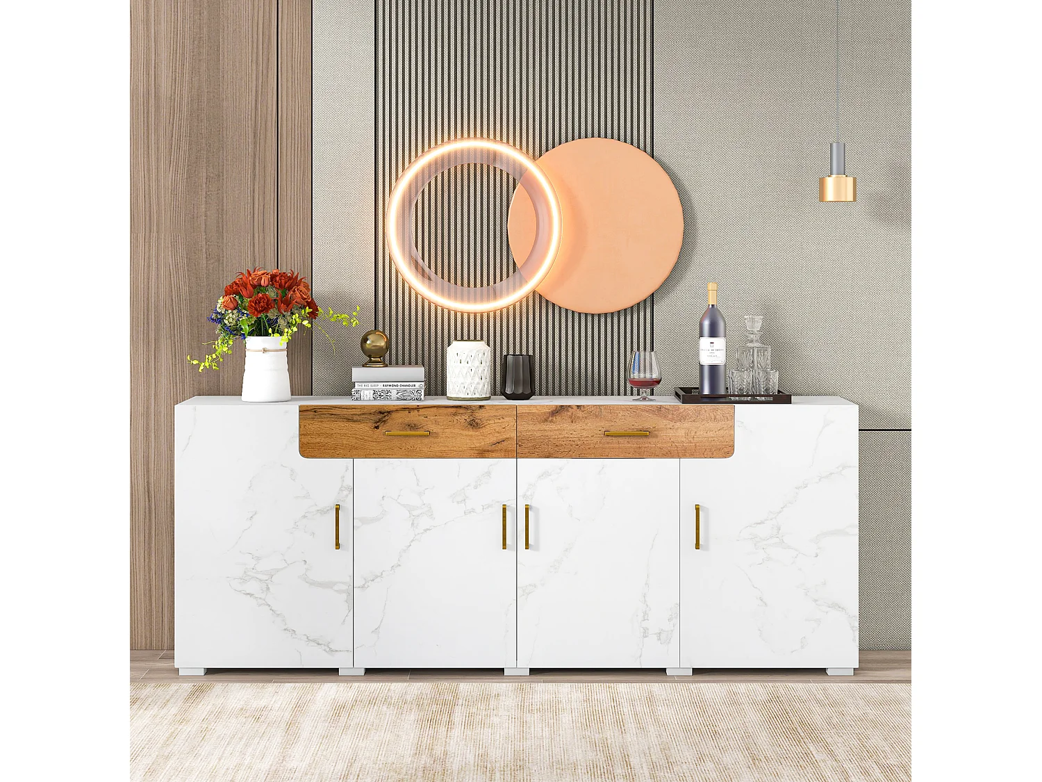 Dressoir met 2 lades en 4 deuren - Wit marmerlook en eikenlook