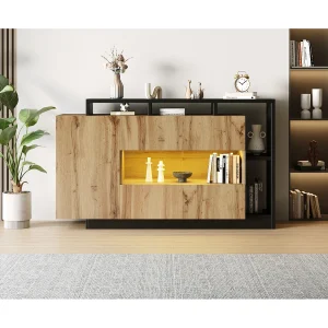Dressoir met app-gestuurde ledverlichting en 3 deuren – Hout en zwart MDF afwerking Dressoir met app-gestuurde ledverlichting en 3 deuren – Hout en zwart MDF afwerking
