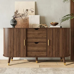 Dressoir met 2 schuifdeuren en 2 lades – Afgeronde hoeken voor de woonkamer – Bruin Dressoir met 2 schuifdeuren en 2 lades – Afgeronde hoeken voor de woonkamer – Bruin