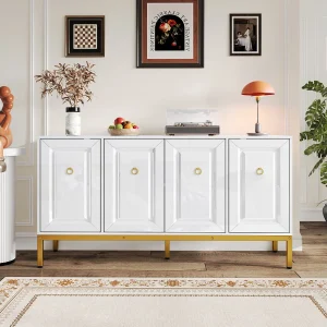 Dressoir met hoogglanslak en 4 deuren – Goudkleurige metalen poten 140 × 40 × 80 cm Dressoir met hoogglanslak en 4 deuren – Goudkleurige metalen poten 140 × 40 × 80 cm