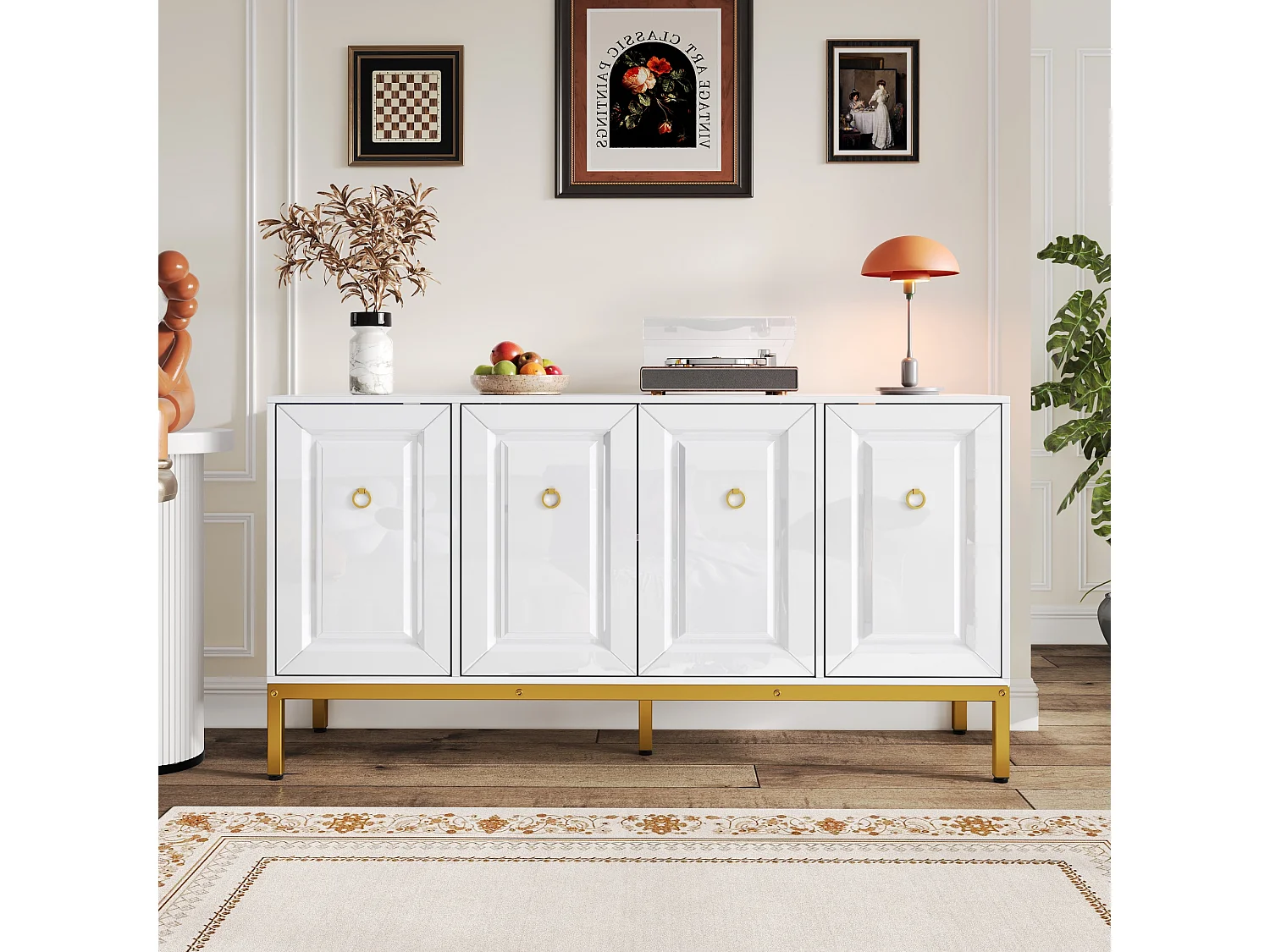 Dressoir met hoogglanslak en 4 deuren - Goudkleurige metalen poten 140 × 40 × 80 cm