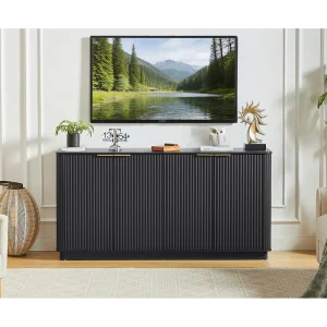 Dressoir met 4 deuren en verticale strepen – Zwart 160 x 40 x 80 cm Dressoir met 4 deuren en verticale strepen – Zwart 160 x 40 x 80 cm
