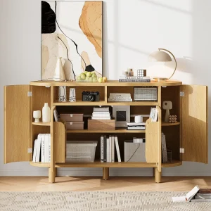 Dressoir met 4 deuren en open opbergruimte – Licht naturel 120 x 38 x 77 cm