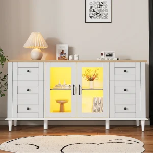 Dressoir 150 x 40 x 75 cm met 2 acryl deuren, 6 lades en ledverlichting – Wit en hout Dressoir 150 x 40 x 75 cm met 2 acryl deuren, 6 lades en ledverlichting – Wit en hout
