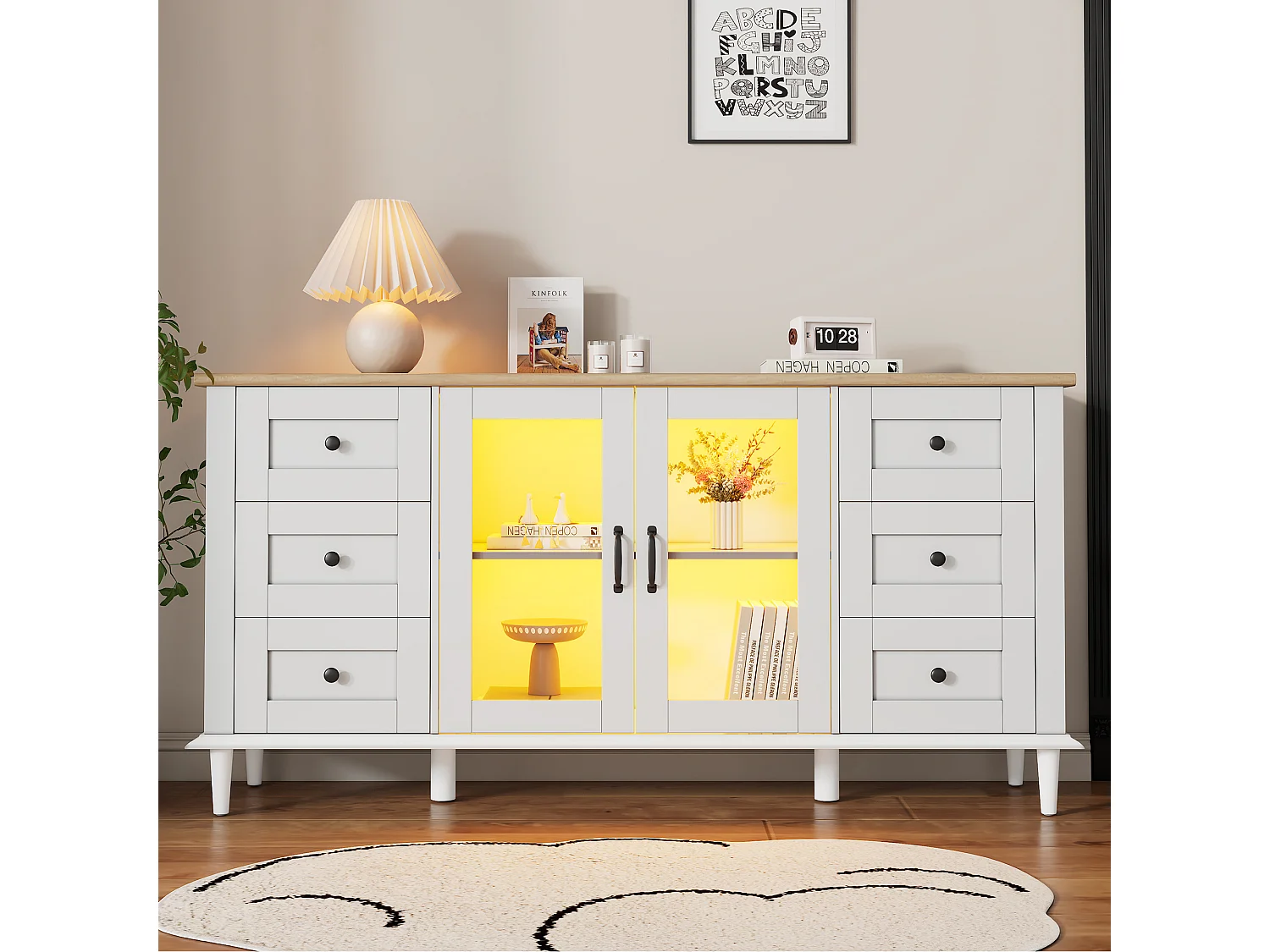 Dressoir 150 x 40 x 75 cm met 2 acryl deuren, 6 lades en ledverlichting - Wit en hout