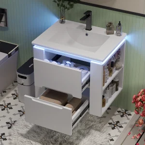 Gelakt wandmeubel voor de badkamer met ledverlichting, 2 lades en 2 zijplanken – Wit Gelakt wandmeubel voor de badkamer met ledverlichting, 2 lades en 2 zijplanken – Wit